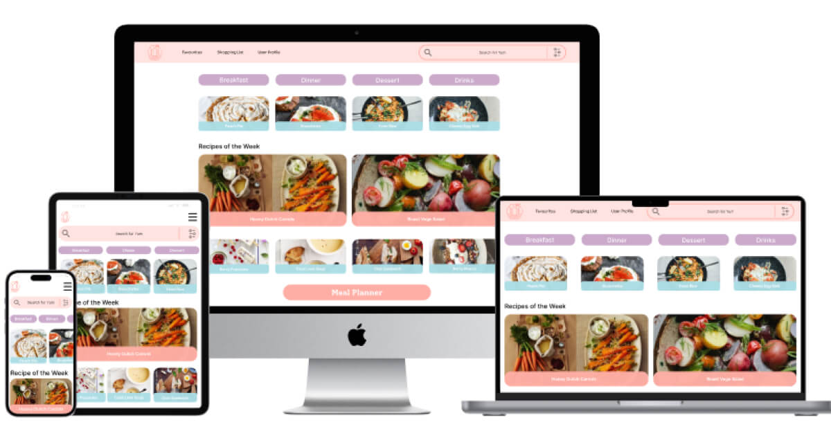 Recipe app screens shown across desktop, laptop, tablet and mobile devices