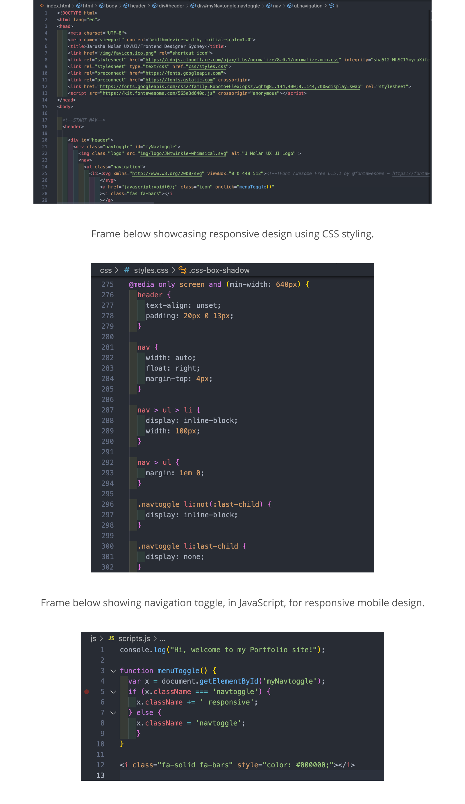 Snippet showing HTML, CSS and JavaScript code